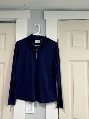 EP Pro Navy Long-Sleeve Zip Ruffle Collar Top